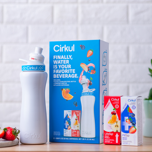 Cirkul 22oz  Stainless Steel Water Bottle Starter Kit with Blue Lid and 2 Flavor Cartridges (Fruit Punch & Mixed Berry)