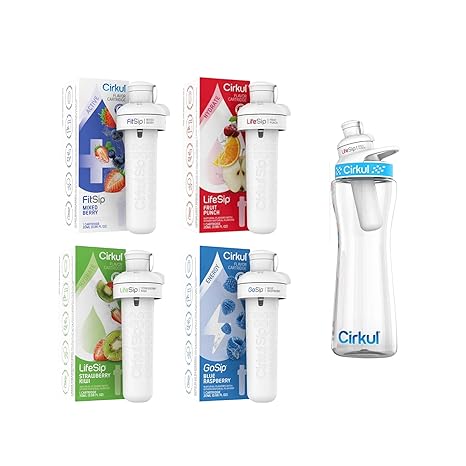 cirkul 22 oz Plastic Water Bottle Starter Kit with Blue Lid and 4 Flavor Random Cartridges - Electrolytes, Vitamins, No Sugar, LifeSip, GoSip and FitSip